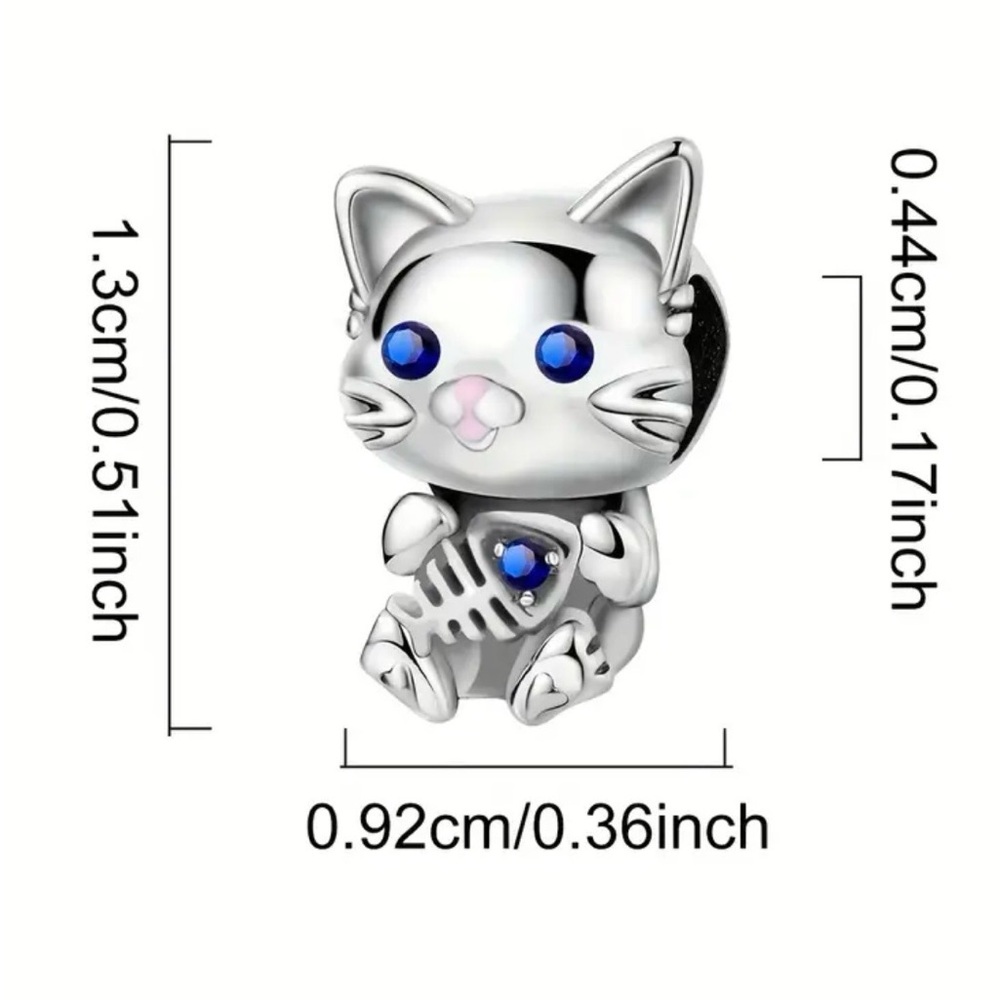 Sterling Silver Fishbone Cat Charm with Blue Accents - Picture 2 of 11
